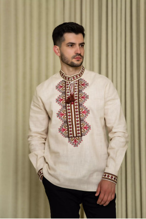 Men's embroidered shirt "Bohuslav" beige with cherry ornament