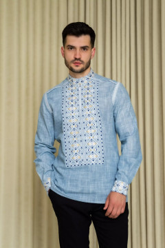 Мужская вышиванка «Лаврін» голубого цвета с белым орнаментом