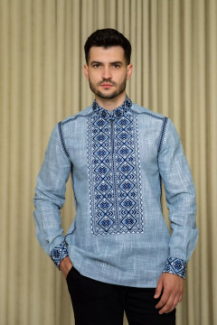 Мужская вышиванка «Лаврін» голубого цвета с синим орнаментом