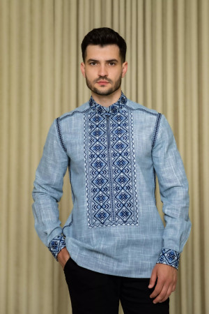 Чоловіча вишиванка «Лаврін» блакитного кольору з синім орнаментом