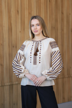 Вишиванка «Злагода» світло-бежевого кольору з коричневим орнаментом