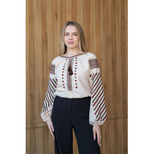 Embroidered shirt "Zlagoda" in light beige color with green and burgundy ornament