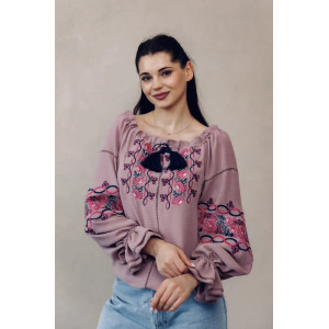 Вишиванка «Витонченість» бежевого кольору з малиновим орнаментом