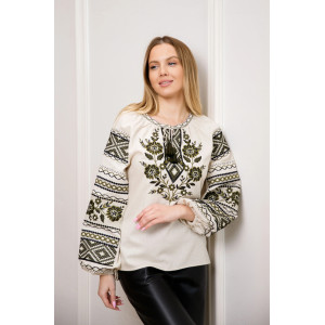 Вышиванка «Ясміна» бежевого цвета с зеленым орнаментом