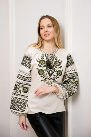 Embroidered shirt "Jasmina" beige with green ornament