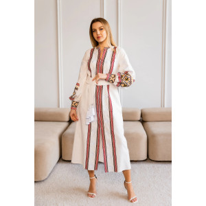 Вышитое платье «Пануся» белого цвета с зелено-красным орнаментом