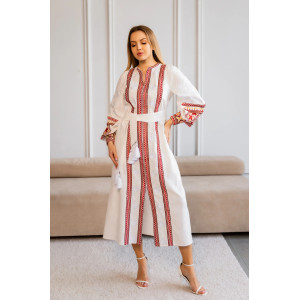 Вишита сукня «Пануся» білого кольору з коричнево-червоним орнаментом