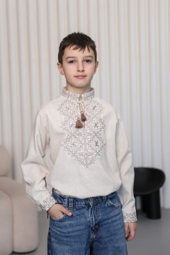 Вишиванка для хлопчика «Єдність» меланжевого кольору з сірим орнаментом