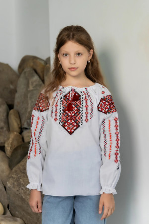 Embroidered dress for girls "Ganusya" white with red ornament