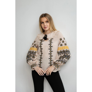 Вышиванка «Ошатна» бежевая с черно-желтой вышивкой