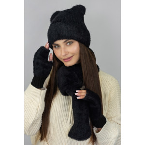 Комплект «Скай» (шапка, шарф и митенки) черного цвета