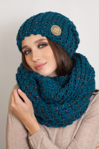 Комплект «Космея» (шапка та шарф-снуд) кольору віридіан з фіолетовим