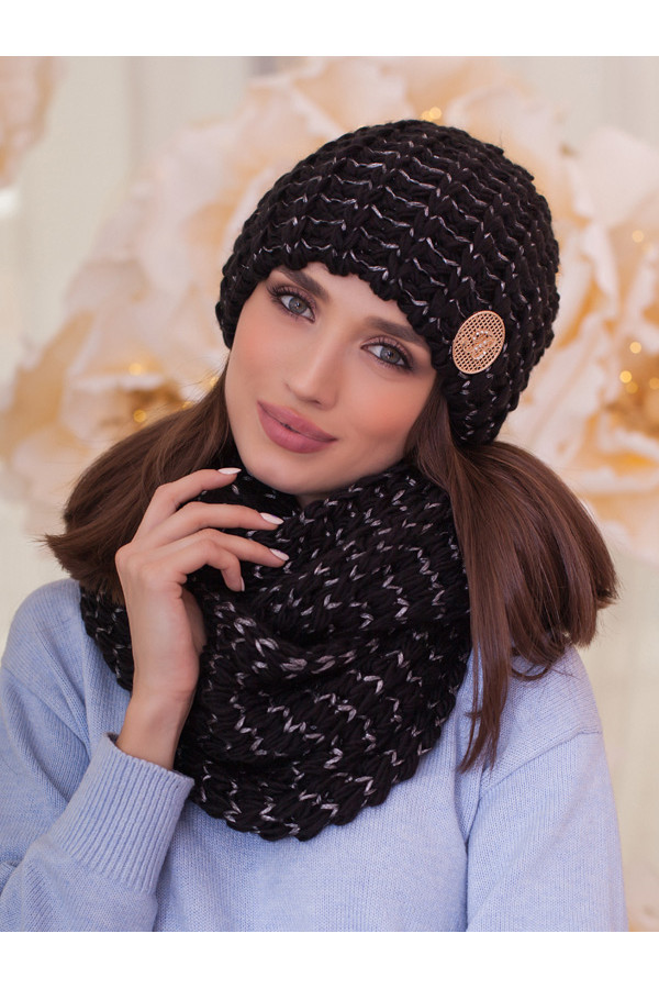 Комплект «Космея» (шапка и шарф-снуд) черного цвета с графитовым - женскийкомплект купить недорого