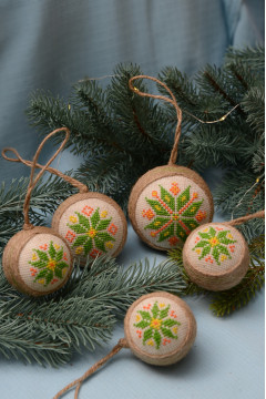 Набор елочных шаров «Фантазія» с оливково-оранжевым орнаментом