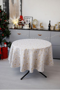 Новогодняя круглая скатерть «Шапочки» бежевого цвета