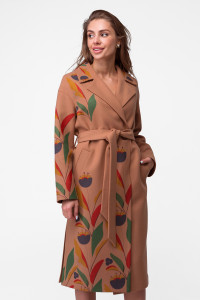 Жіноче пальто «Аміна» кольору кемел з принтом-квіти