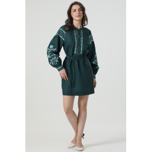 Вишита сукня «Ружина» темно-смарагдового кольору