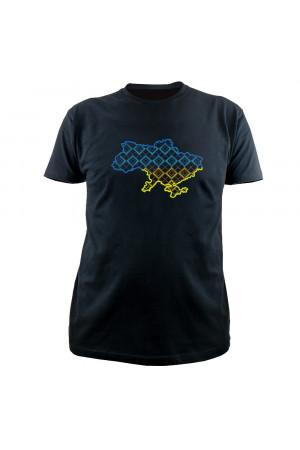 Вышитая футболка «Орнамент» черного цвета с желто-голубой вышивкой
