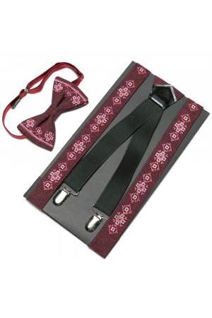 Чоловічий комплект: краватка-метелик та підтяжки бордового кольору