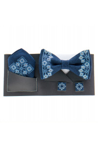 Вишитий комплект «Давид»: краватка-метелик, хусточка, запонки темно-синього кольору