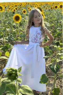 Dress for a girl "Squiggles" in white with lavender ornament