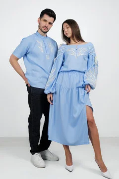 Embroidered pair set "Native Ear of Wheat" in blue
