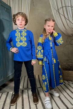 Embroidered set for a boy and a girl "Luxury" in blue with yellow ornament