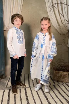 Embroidered set for a boy and a girl "Luxury" in white with a blue-blue ornament