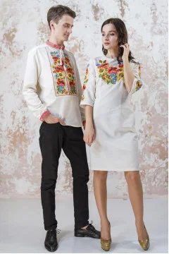 Embroidered set for a couple "Ukrainian bouquet" in gray