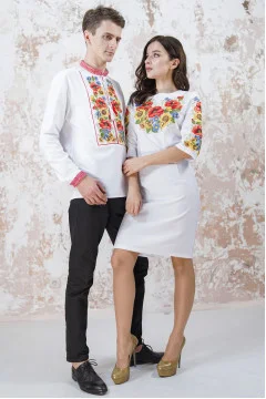 Embroidered set for a couple "Ukrainian bouquet" in white