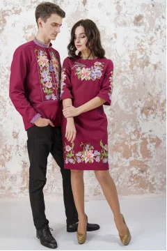 Embroidered set for a couple "Lily" cherry color