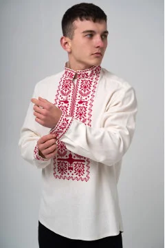 Чоловіча вишиванка «Звитяга» молочного кольору з червоним