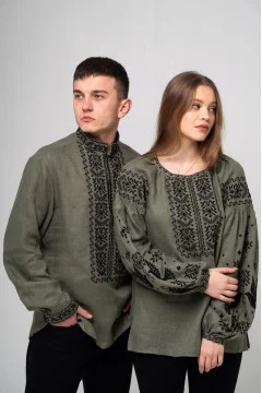 Парний комплект вишиванок «Тризуб» оливкового кольору