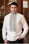 Мужская вышиванка «Тризуб» молочного цвета с орнаментом хаки