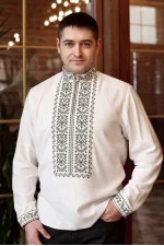 Men's embroidered shirt "Tryzub" in milk color with khaki ornament