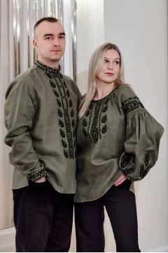 Set of paired embroidered shirts "Ukrainian Field" in khaki color