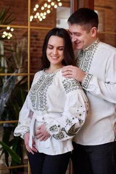 Pair of embroidered shirts "Tryzub" in milky color with khaki