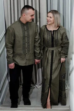 Family embroidered set "Slavia and Stavr" in olive color