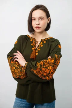 Вышиванка «Квітучий сад» цвета хаки