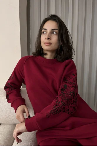Women's sweatshirt "Blooming Garden" burgundy with black ornament