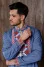 Men's embroidered shirt "Yaromyr" in jeans color with red ornament
