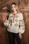 Вишиванка «Гуцулка» кольору меланж з червоно-зеленим орнаментом