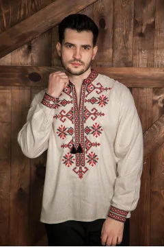 Men's embroidered shirt "Kozatska" melange color with red ornament