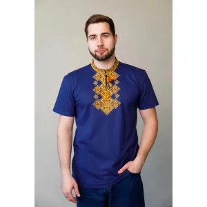 Indigo T-shirt "Bazhan" with gold ornament