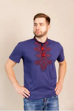T-shirt "Ostap" in indigo color with red and black ornament