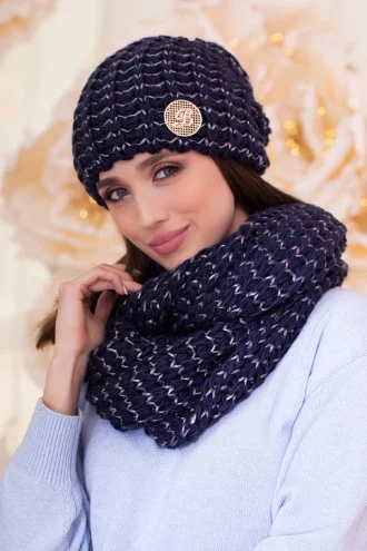 "Cosmea" set (hat and scarf-snood) in denim color with marengo