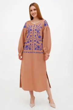 Embroidered dress "Lavandula" caramel color
