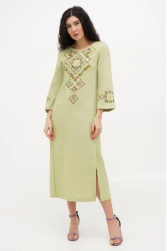 Embroidered dress "Vatra" in pistachio color