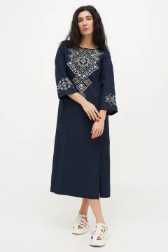 Embroidered dress "Vatra" in dark blue