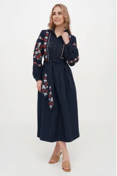 Embroidered dress "Kalina" in dark blue
